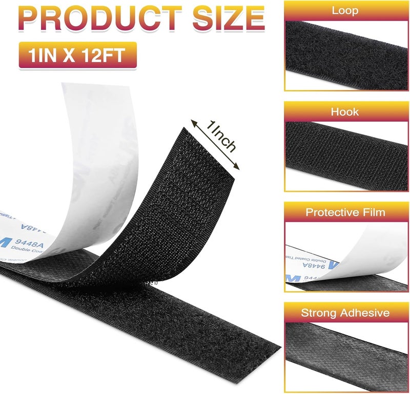 Summerbrite 12Ft x 1 Inch Hook and Loop Tape, Heavy Duty Double-Sided Adhesive Strips, Strong Sticky Back Fastener, Cuttable Interlocking Tape Fasteners for Home, Office, Car, School & DIY Crafts (Black) - Image 2